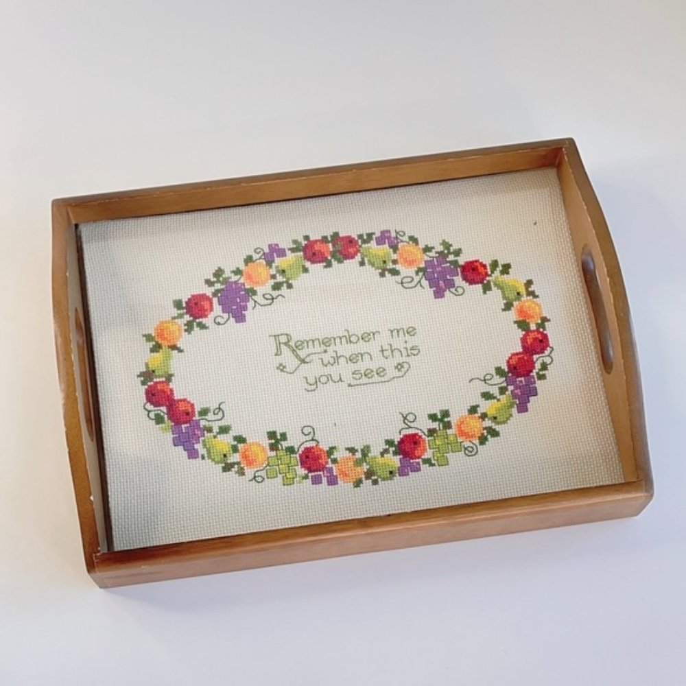 Vintage Small Handmade Wood Fruits Cross Stitch Tray Glass Remember Me